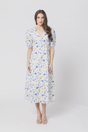 Midi length for a versatile silhouette

Flattering V-neckline

Puffed short sleeves for a romantic touch

Button-down front closure

Lightweight and breathable fabric