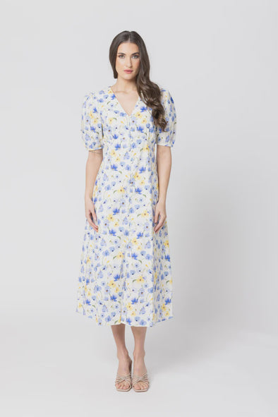 Midi length for a versatile silhouette

Flattering V-neckline

Puffed short sleeves for a romantic touch

Button-down front closure

Lightweight and breathable fabric