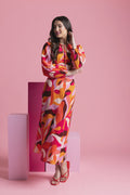 Elevate your wardrobe with our stunning long-sleeved maxi dress, crafted from a fun bright patterned fabric that effortlessly blends style and comfort. Featuring a flattering round neck with a v-neck detail and tie, this dress showcases a shaped empire bust for a feminine silhouette. The elastic cuff detail adds a touch of sophistication, while the convenient back neck zip ensures easy wear.