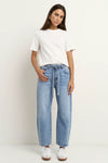 100% Cotton denim

High-rise fit for a flattering waistline

Barrel-leg cut for a relaxed, on-trend look

Soft light blue wash for everyday versatility

Self-tie waist belt for added shape and styling