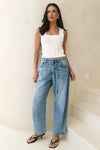100% Cotton denim

High-rise fit for a flattering waistline

Barrel-leg cut for a relaxed, on-trend look

Soft light blue wash for everyday versatility

Self-tie waist belt for added shape and styling