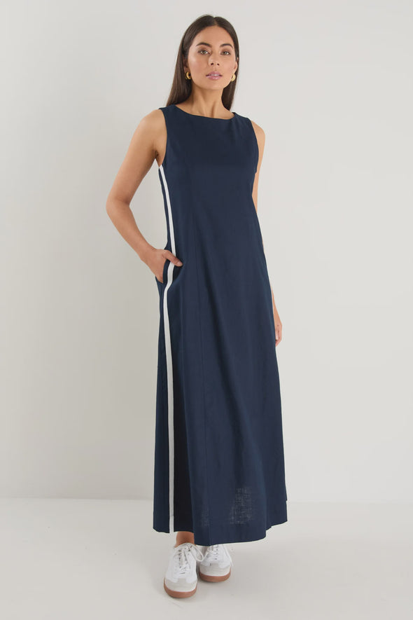 Crew neckline with a sleek sleeveless silhouette

Contrasting white side stripe for a modern statement

Midi length for a flattering, versatile fit

Easy to dress up or style casually

Fabric Composition: 55% Linen, 45% Cotton