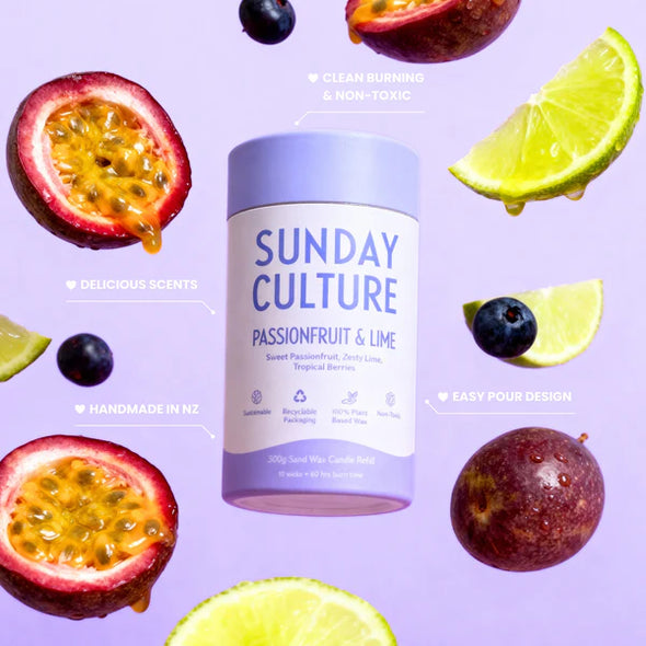 Turn any space into a tropical escape with our Passionfruit &amp; Lime Ready-to-Pour Sand Wax. A vibrant blend of juicy passionfruit and zesty lime meets notes of apple, strawberry, and peach for a scent that’s pure sunshine and good vibes — your senses’ new favourite holiday.

Includes 10 wicks – Enough to keep you glowing through multiple pours.

Up to 60 hours burn time – Long-lasting warmth and fragrance for days.