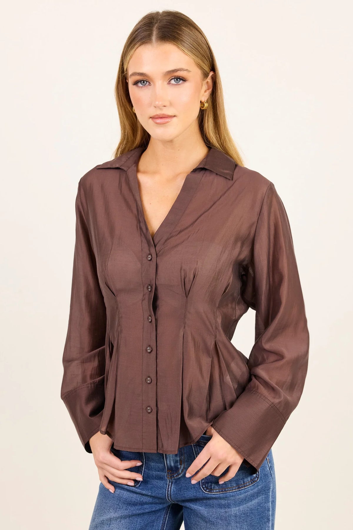 Stories Be Told Sundial Chocolate Semi Sheer Corset Detail Waist Shirt