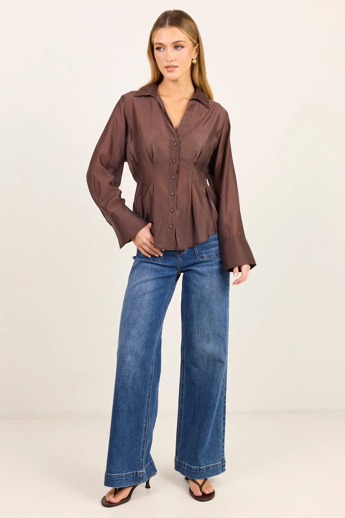 Stories Be Told Sundial Chocolate Semi Sheer Corset Detail Waist Shirt