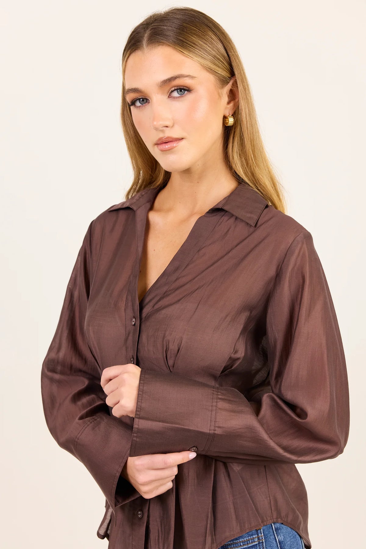 Stories Be Told Sundial Chocolate Semi Sheer Corset Detail Waist Shirt
