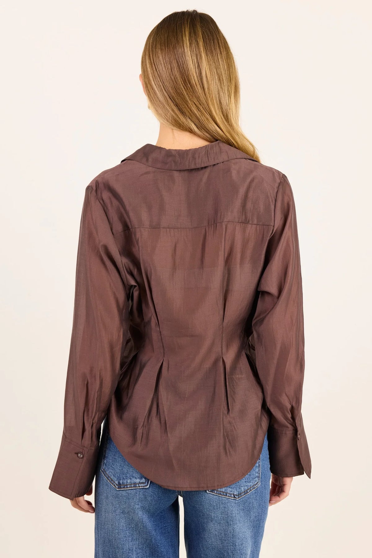 Stories Be Told Sundial Chocolate Semi Sheer Corset Detail Waist Shirt