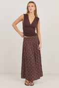 Wanderlust Mocha Blue Polka Dot Shirred Waist Maxi Skirt