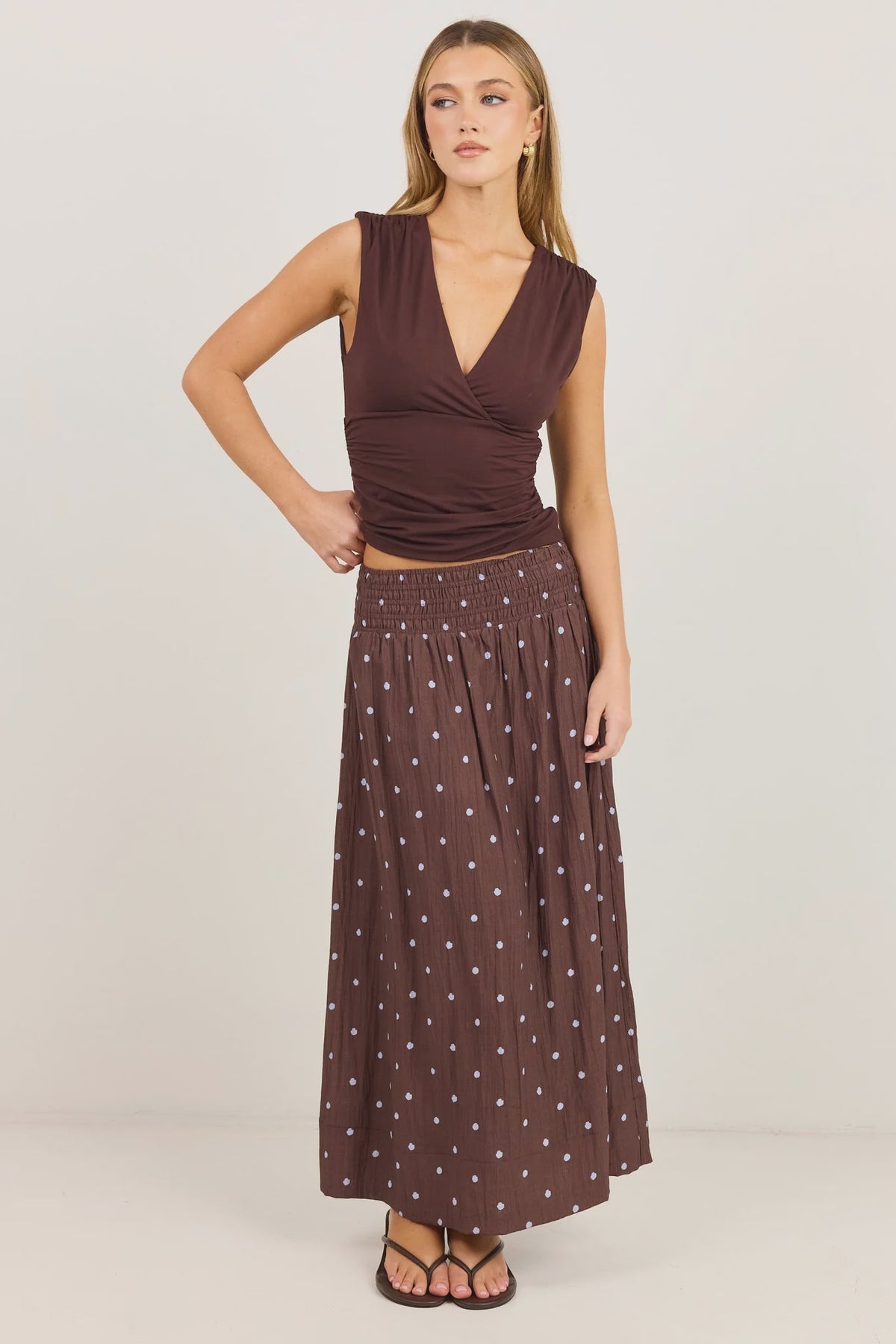 Wanderlust Mocha Blue Polka Dot Shirred Waist Maxi Skirt