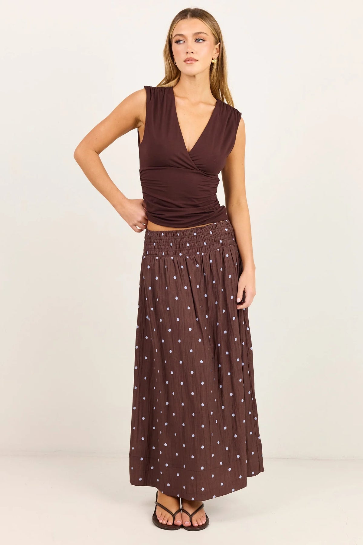 Wanderlust Mocha Blue Polka Dot Shirred Waist Maxi Skirt