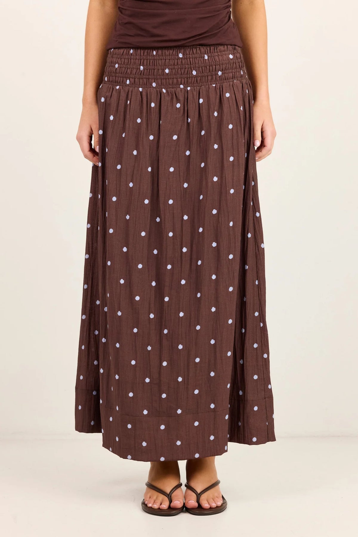 Wanderlust Mocha Blue Polka Dot Shirred Waist Maxi Skirt