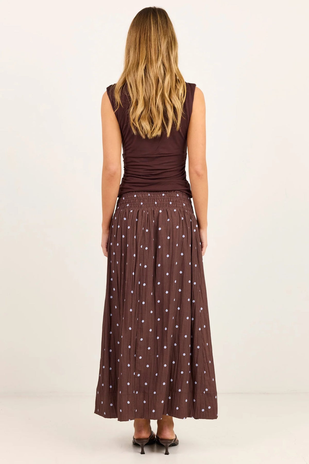 Wanderlust Mocha Blue Polka Dot Shirred Waist Maxi Skirt