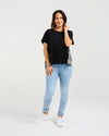 Relaxed, flowy fit for all-day comfort

Short sleeves with a flattering silhouette

Black front with contrasting check back detail

Longer back hem for added shape and interest

Easy to style for casual or dressy occasions

Body: 95% Cotton 5% Spandex&nbsp;
Back: 55% Polyester 45% Rayon