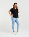Relaxed, flowy fit for all-day comfort

Short sleeves with a flattering silhouette

Black front with contrasting check back detail

Longer back hem for added shape and interest

Easy to style for casual or dressy occasions

Body: 95% Cotton 5% Spandex
Back: 55% Polyester 45% Rayon