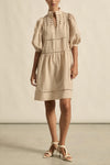 100% ramie with cami slip included

Relaxed fit, designed to sit off the body

Drop waist silhouette for flattering ease

Elbow-length blouson sleeves for soft volume

High stand collar with antique brass button detailing