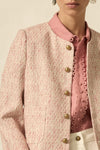 100% polyester boucle

Vintage-inspired pink for a romantic, feminine mood

Fully lined in soft stretch fabric for added comfort

Round neckline and cropped fit for styling versatility

Brushed-brass domed buttons for elevated detailing

Rounded-off front pockets blending into the boucle texture