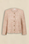 100% polyester boucle

Vintage-inspired pink for a romantic, feminine mood

Fully lined in soft stretch fabric for added comfort

Round neckline and cropped fit for styling versatility

Brushed-brass domed buttons for elevated detailing

Rounded-off front pockets blending into the boucle texture