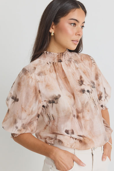 Among The Brave Influential Chocolate faded Floral Shirred Neck SS Top