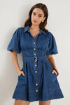 - Statement puff sleeves for a bold yet feminine look
- Button-down front for a classic touch
- Adjustable waist belt for a flattering, cinched silhouette
- Crafted from soft indigo denim with contrast stitching
- Fabric Composition - 80% Cotton 20% Polyester