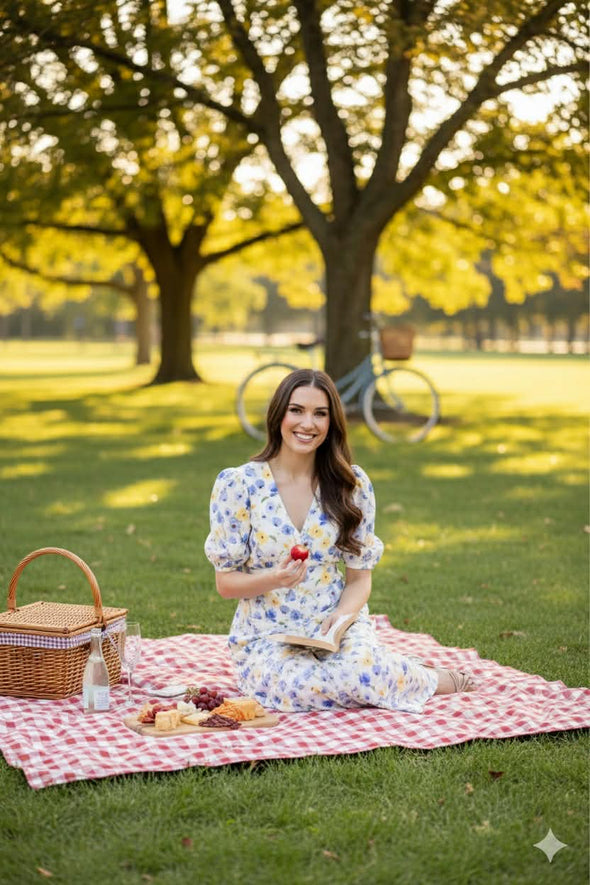 Midi length for a versatile silhouette

Flattering V-neckline

Puffed short sleeves for a romantic touch

Button-down front closure