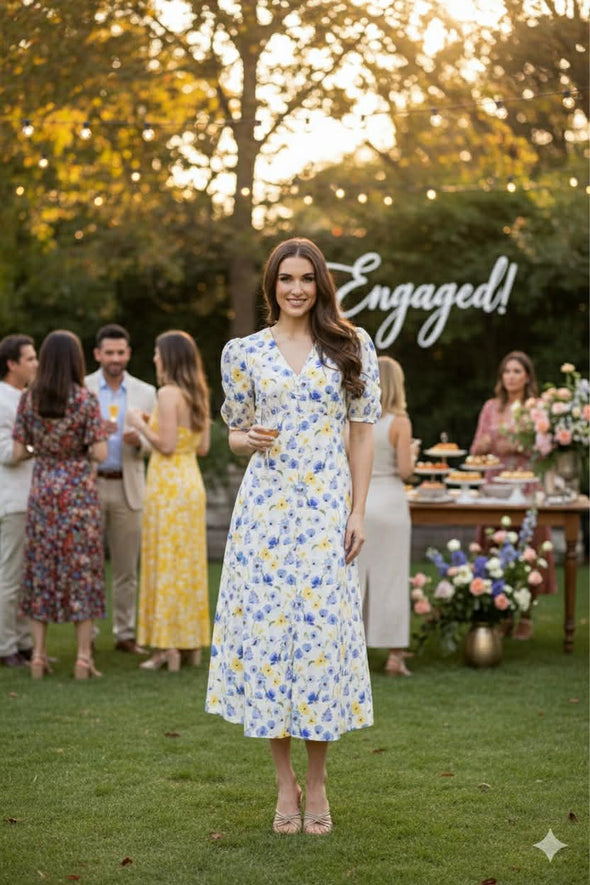 Midi length for a versatile silhouette

Flattering V-neckline

Puffed short sleeves for a romantic touch

Button-down front closure