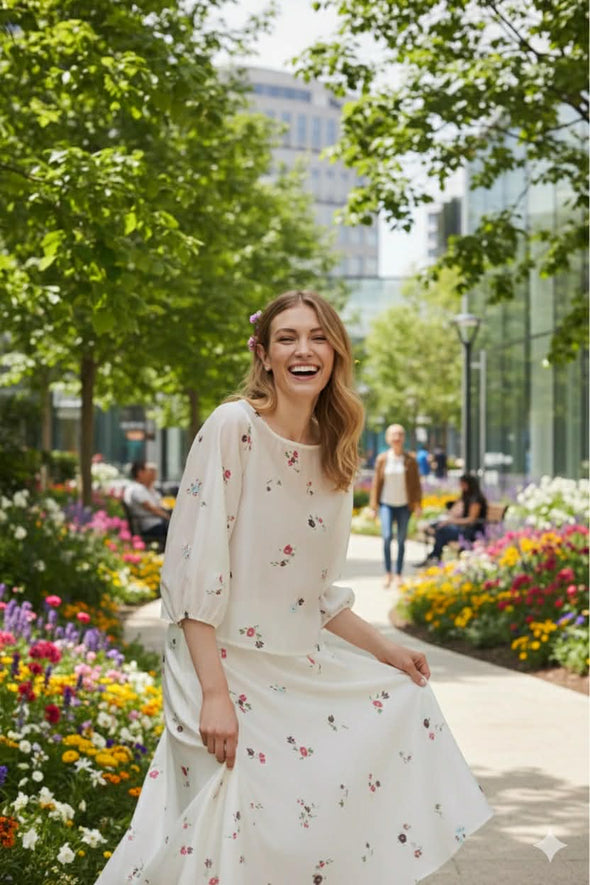 Loose fit with 3/4 elastic cuffs
Boat neckline with floral print
Made from 85% TENCEL™ Modal, 15% Polyester
Slightly see-through; styled with layered top