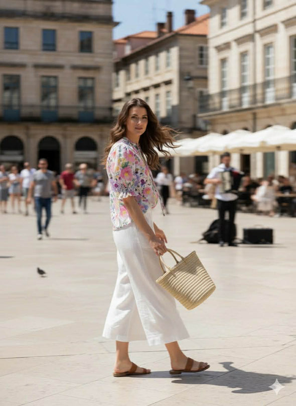 All-over patterned design

Gathered neckline for soft, feminine shaping

V-neckline with adjustable tie detail

Elasticated ruffle cuffs for a romantic finish

Standard fit with no stretch

Lightweight, floaty silhouette perfect for tucking or wearing loose