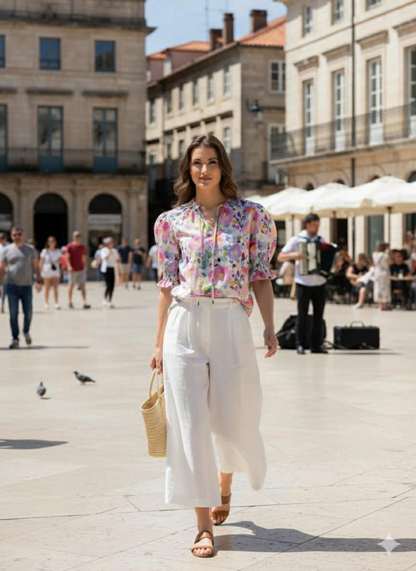 All-over patterned design

Gathered neckline for soft, feminine shaping

V-neckline with adjustable tie detail

Elasticated ruffle cuffs for a romantic finish

Standard fit with no stretch

Lightweight, floaty silhouette perfect for tucking or wearing loose