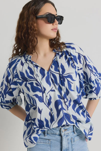 By Rosa Luminary Blue Porcelain Print V Neck Top