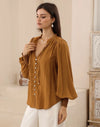 Bringing a warm glow to your everyday style with the rich bronze-earthy colour-way. Featuring a softly draped shape and V neckline - It is a simple to style staple.