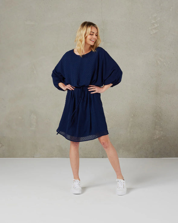 Your new go-to easy styling dress which is fully lined and features a scoop neckline, batwing style sleeves finished with elasticated hems, and adjustable drawstring waist ties  COLOUR Ink  FABRIC INFO Chiffon&nbsp; Main Fabric:&nbsp;100% Polyester&nbsp; Lining: 100% Polyester