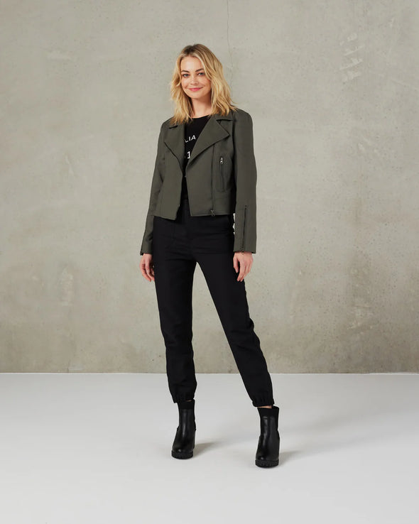 A staple biker jacket in a stretch woven fabric with gunmetal zips and trims, perfect for both casual and dressy looks  COLOUR Slate Green  FABRIC INFO Stretch woven&nbsp; Main Fabric: 79% Cotton 17% Nylon 4% Spandex Lining: 100% Polyester