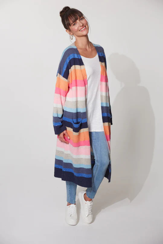 Embrace the chill with the Abisko Cardigan, a cosy knit crafted from a super-soft wool blend. Its beautiful striped hues and shimmering lurex threading make it an ideal layering piece for chilly weather, especially when paired with your favourite midi-dress. It features an open-style design with long sleeves and a relaxed knee length for extra coverage and warmth.