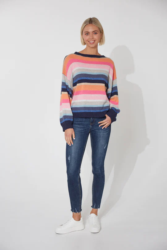Upgrade your winter knit collection with the playful Abisko Knit. Vibrant horizontal stripes laced with shimmering lurex bring a lively touch to this cosy jumper. Designed for comfort with an easy-to-wear fit and a wool blend, it effortlessly enhances everyday looks. Pair it casually over loose pants, jeans, or a midi skirt for a chic and comfortable ensemble.