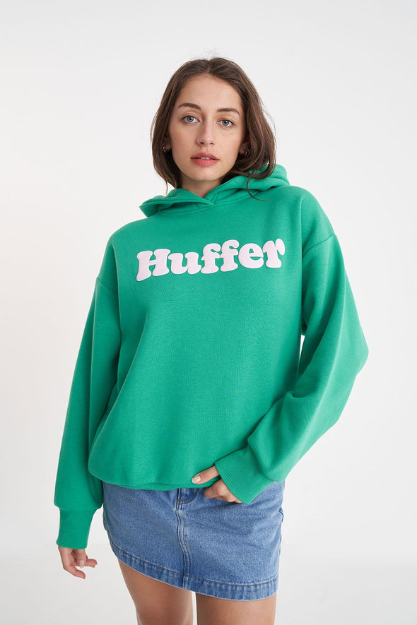 Stay cool (both literally and fashionably) with our vibrant green huffer hoodie! Show off your playful side with the huffer logo boldly printed in white bubble letters across the chest. Perfect for any casual occasion, this hoodie is a must-have addition to your wardrobe.