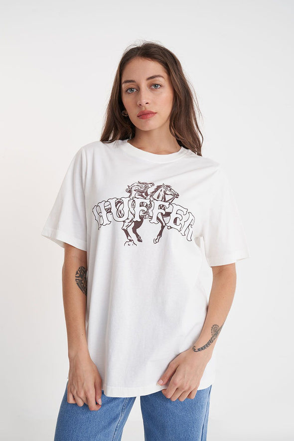 Simple Huffer Relaxed Tee horse design on front with Huffer logo.