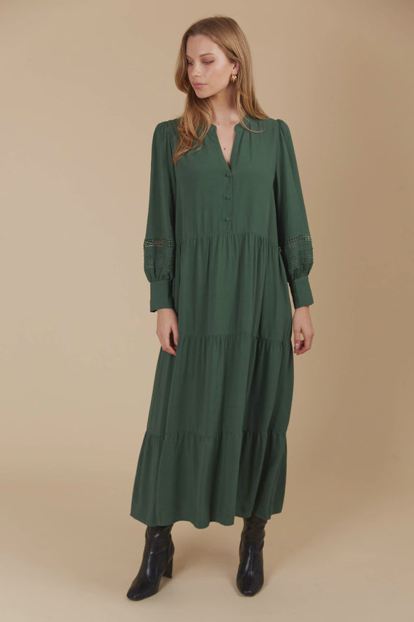 V-neck with popover placket
Long balloon sleeves with lattice lace trim and button cuff
Inseam pockets
Tiered skirt
Ankle-length
Loose fit
85% Viscose, 15% Linen
Trim: 100% Polyester