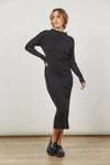 You know you've found the perfect dress when you can seamlessly transition it from day to night. The ribbed, figure-hugging silhouette of the Skyline Knit Dress enhances your curves, while the mock turtleneck and long sleeves add a touch of sophistication. The soft fabric ensures comfort in cooler weather, making it an ideal choice for any occasion. Elevate your look with a coat, boots, and glam accessories.