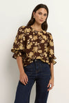-Pull-on style with a round neckline for fuss-free wear
- Relaxed silhouette with soft gathers for a floaty finish
- Voluminous short sleeves with ruffle detail at the cuff
- All-over floral print in warm chocolate and khaki tones
- 70% Viscose 30% Nylon