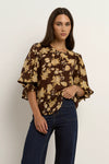 -Pull-on style with a round neckline for fuss-free wear
- Relaxed silhouette with soft gathers for a floaty finish
- Voluminous short sleeves with ruffle detail at the cuff
- All-over floral print in warm chocolate and khaki tones
- 70% Viscose 30% Nylon