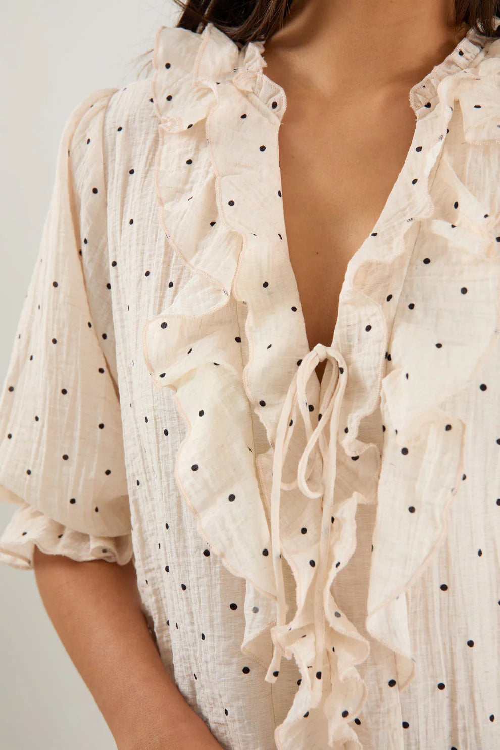 - 75% viscose, 15% linen, 10% polyester for a soft, airy feel
- Mid-length sleeves with gentle volume
- Button front with feminine tie and ruffle detail
- Classic spot print for playful versatility
- Delicate fabric, best cared for gently