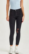 Mid/High waisted stretch denim skinny jean with rips.