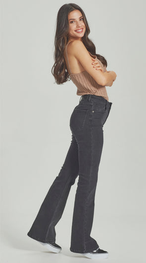 A classic flared jean in a soft stretch denim with a slim fit through the waist and thighs.