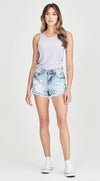 The famous Sofia shorts by Junkfood are always a fast seller and a real favourite. Perfectly distressed and a mid rise these look great fitted or looser and lower on the waist. Rigid but soft denim shorts with ripped front panels and a raw hem.