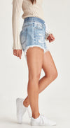 Rigid denim frayed shorts with an elastic waist band and shoe string tie. In the perfect faded light blue.