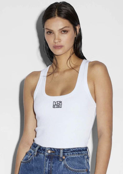 Step up your style game with the Stacked Origin Tank White. This sleek white tank features a flattering square neck and fitted silhouette. But the real standout is the Ksubi logo graphic embroidery, adding a touch of edge to this versatile and comfortable wardrobe essential. Perfectly pairs with any denim.