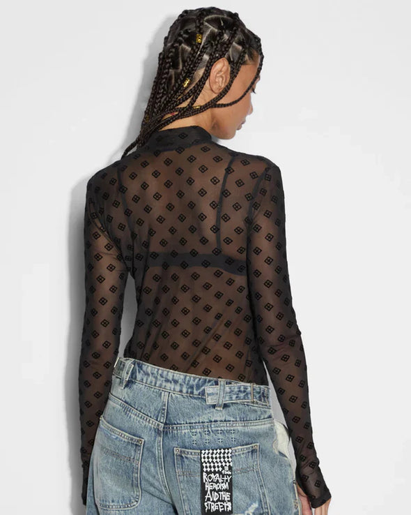 Sleek and simple with subtle detailing&nbsp;the Symbols Ls Top is a slim fitting mesh long sleeve top with a mock neckline. This sheer top is made from a premium stretch mesh with an all over t-box pattern that has been flocked in a tonal black. Designed to be worn back with any denim and a bralette underneath for an evening look.
