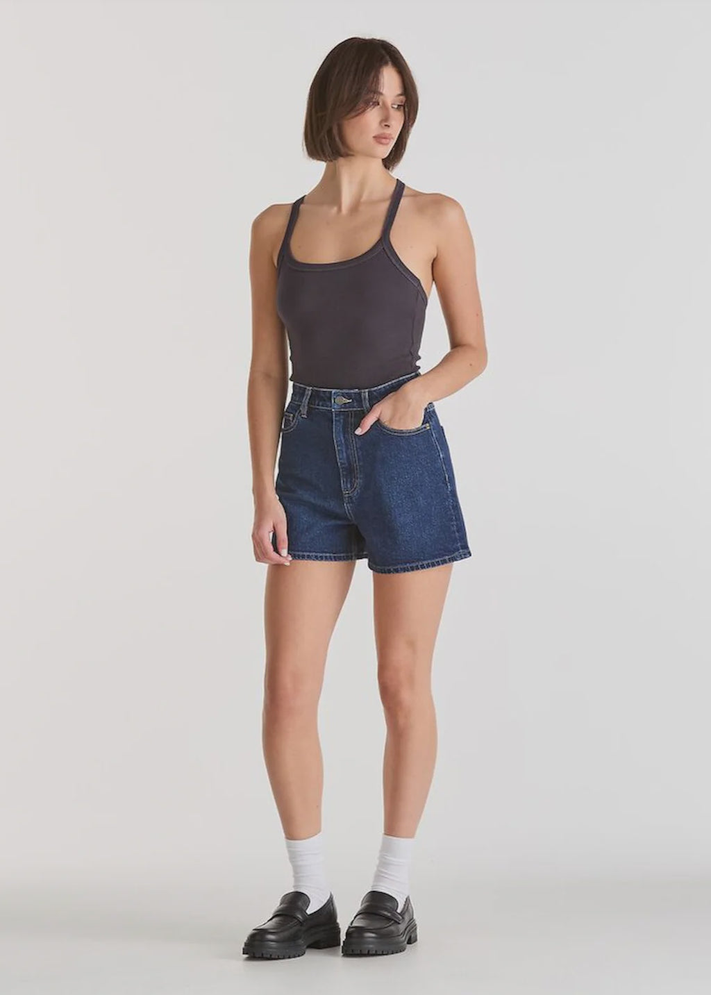 High-rise fit

Relaxed A-line shape

Zip fly closure

Finished hem (can be rolled)

Contrast stitching &amp; silver metal trims

Vegan faux leather patch

99.5% Cotton, 0.5% Elastane