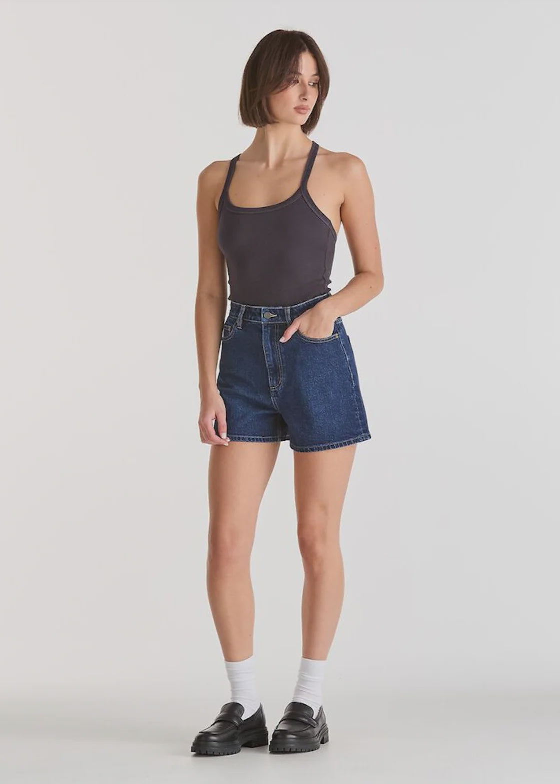 High-rise fit

Relaxed A-line shape

Zip fly closure

Finished hem (can be rolled)

Contrast stitching &amp; silver metal trims

Vegan faux leather patch

99.5% Cotton, 0.5% Elastane