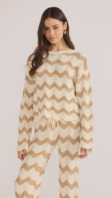 Introducing the Brooke Crochet Sweater - luxuriously soft and effortlessly chic. Its vintage-inspired zig-zag pattern and earthy tones bring a touch of '70s glamour to any outfit. With its relaxed silhouette and scalloped hem, this statement piece is perfect for both casual and coordinated looks. Embrace laid-back elegance with the Brooke Crochet Sweater.